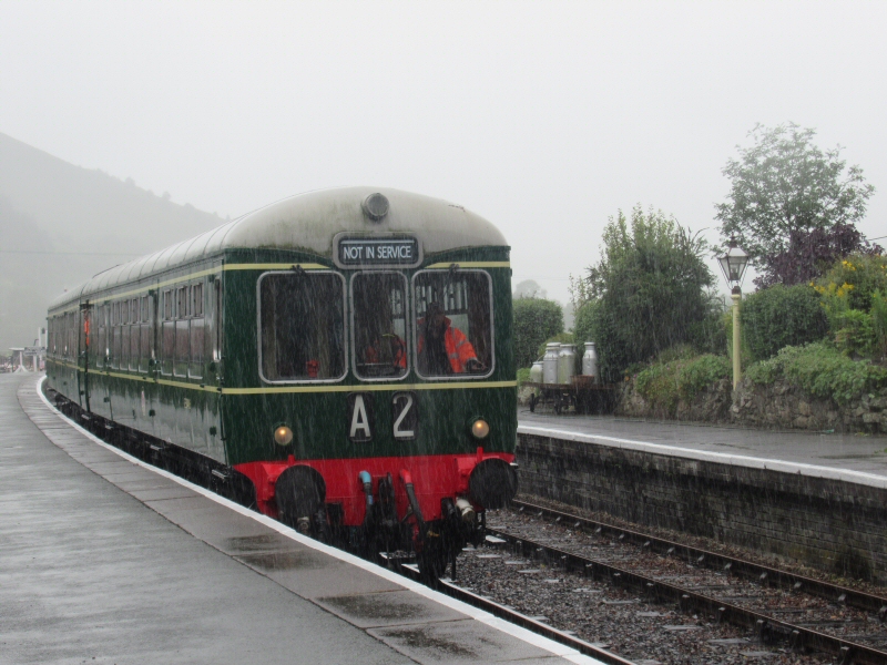 Wickham class 109 arriving at Carrog during heavy rain